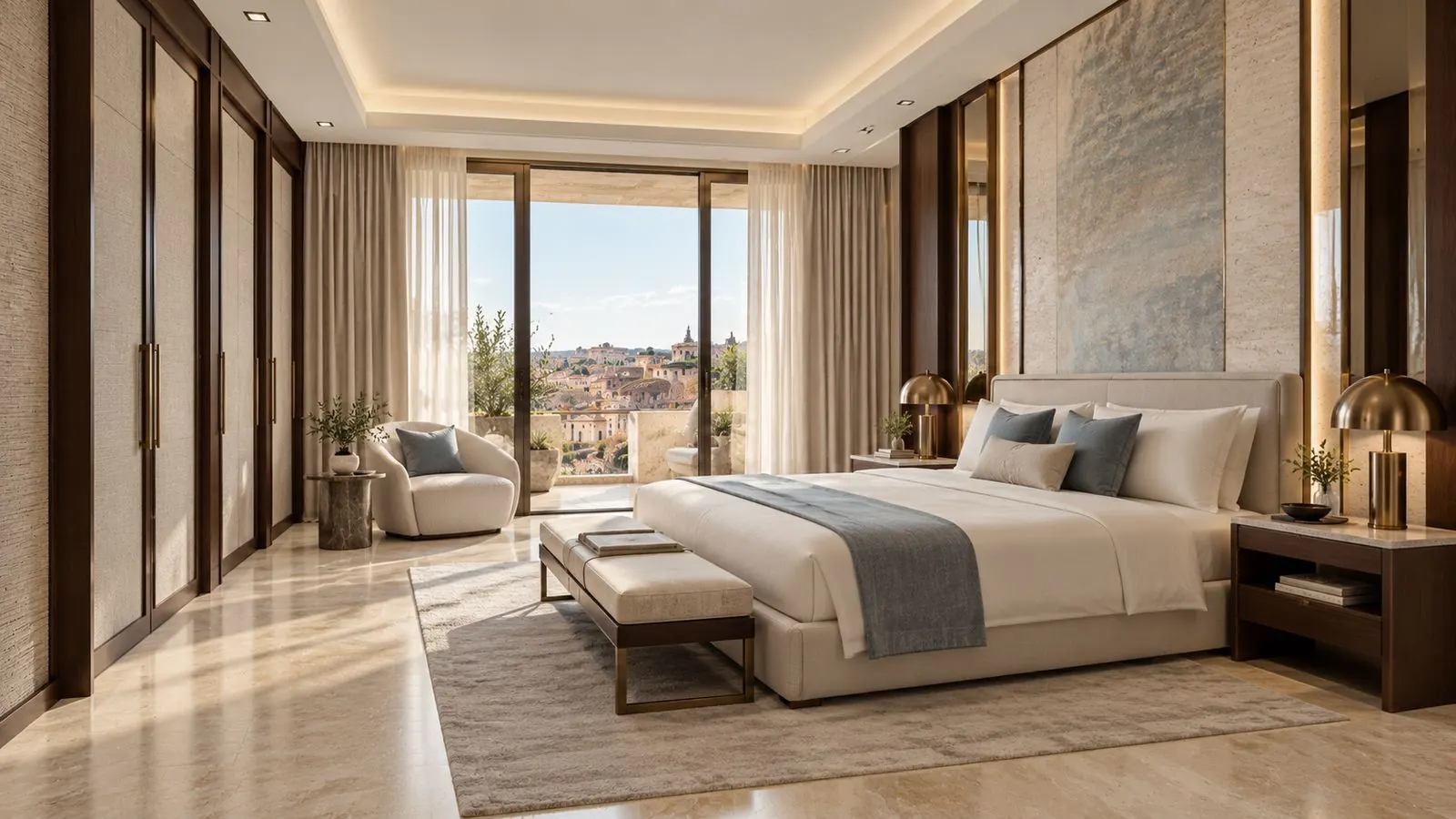 Camera d'hotel luminosa con vista sui tetti di Roma