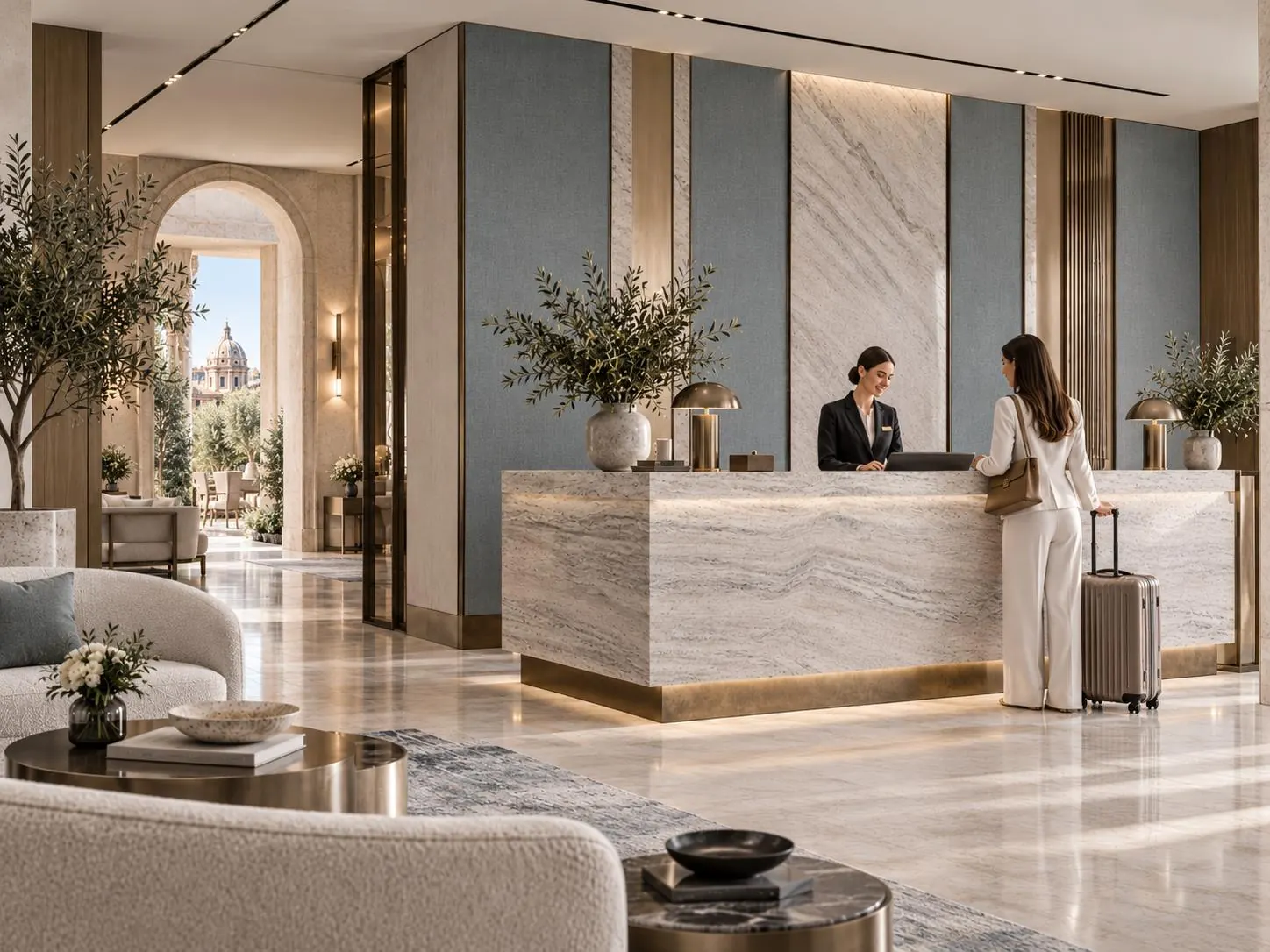 Reception con banco in marmo e pareti azzurre