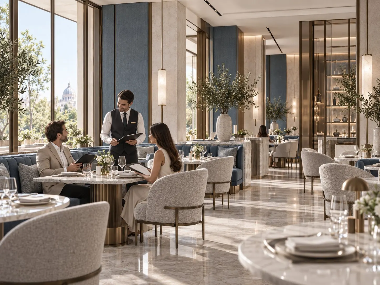 Ristorante dell'hotel con vista su Roma, cameriere al tavolo